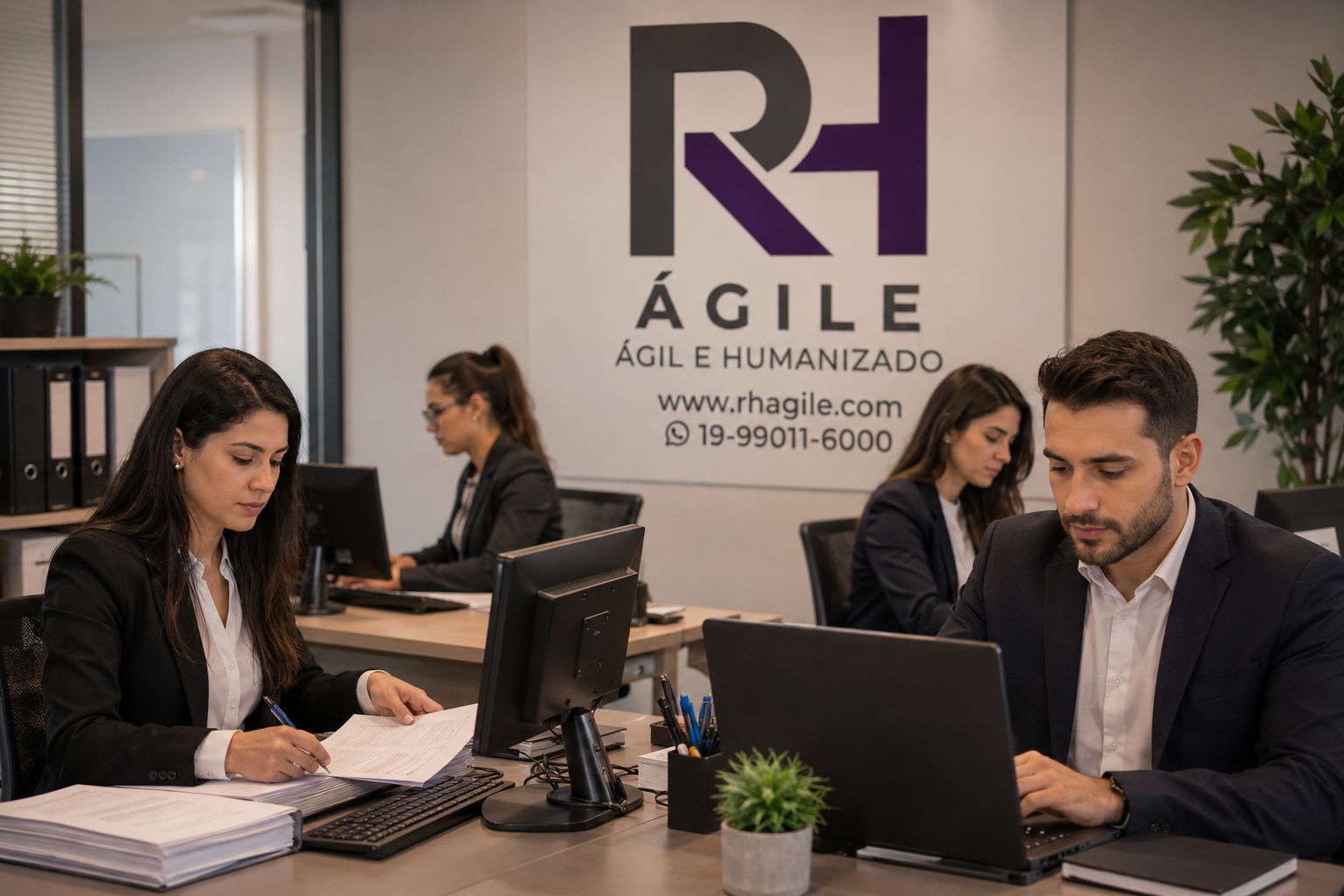 Equipe trabalhando com apoio administrativo
